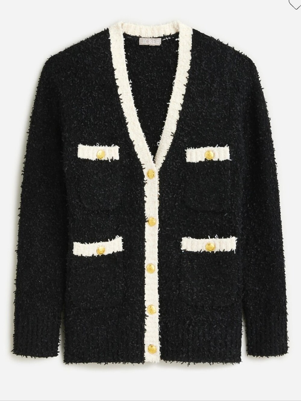 NWT J CREW Longer sweater lady jacket in textured contrast yarn, Gold Buttons, L